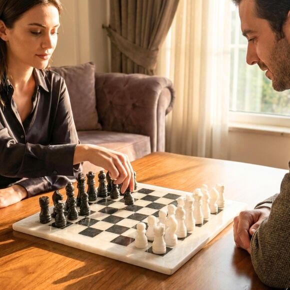 Handmade Marble Chess Set: 12" Black & White chess board & pieces,Christmas gift - Picture 9 of 16